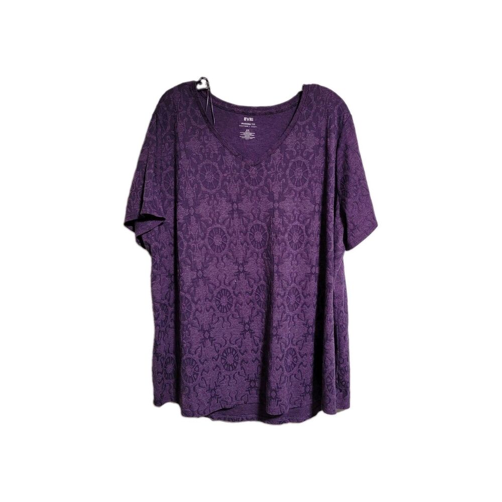 EVRI Women 2X Purple Floral Damask Modern Tee V Neck Stretch Plus Size Top